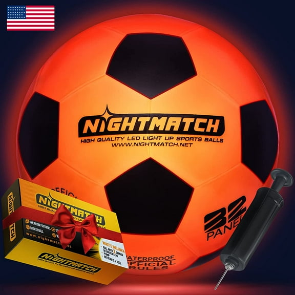 NIGHTMATCH Light Up LED Soccer Ball - Official Size 5 - Extra Pump and Batteries - Perfect Glow in The Dark Soccer Ball with Spare Batteries - Waterproof LED Glow Ball with Two Bright LEDs