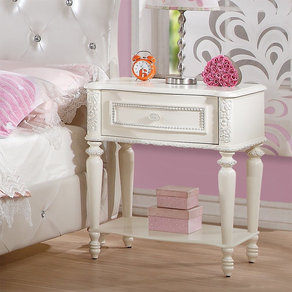 Ivory Floral Carved Wood 1-Drawer Nightstand