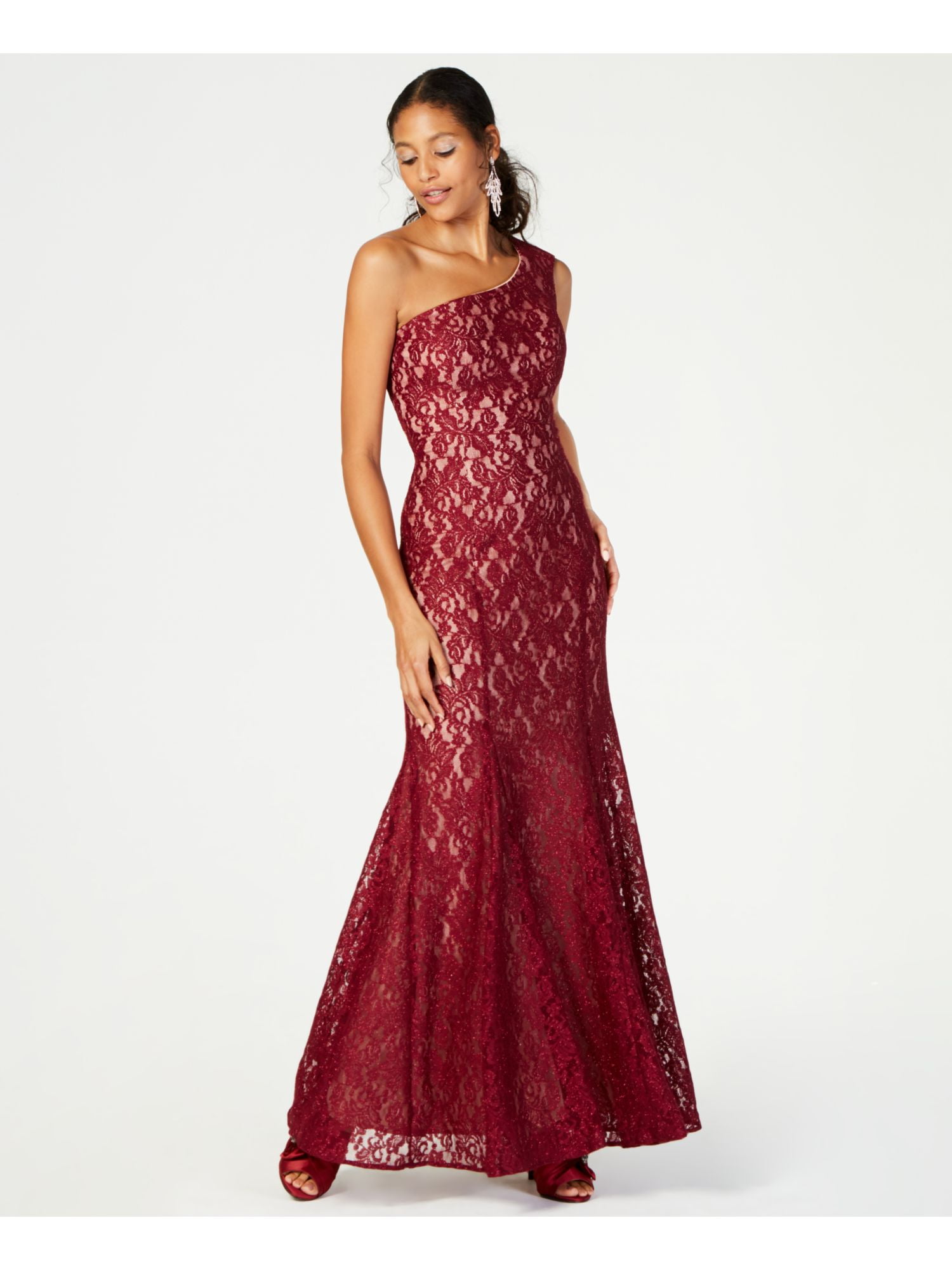 NIGHTWAY Womens Burgundy Lace Glitter Sleeveless Asymmetrical Neckline Maxi Formal Fit Flare Dress Petites 8P Walmart