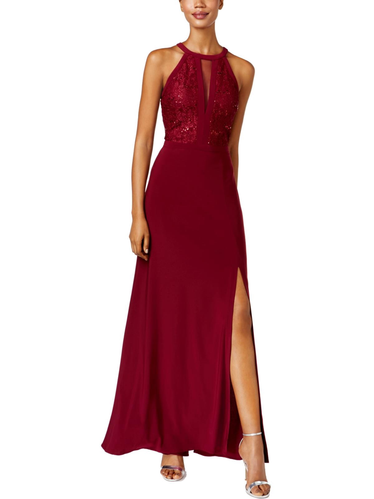 NIGHTWAY Womens Maroon Lacetrim Gown Sleeveless Halter FullLength