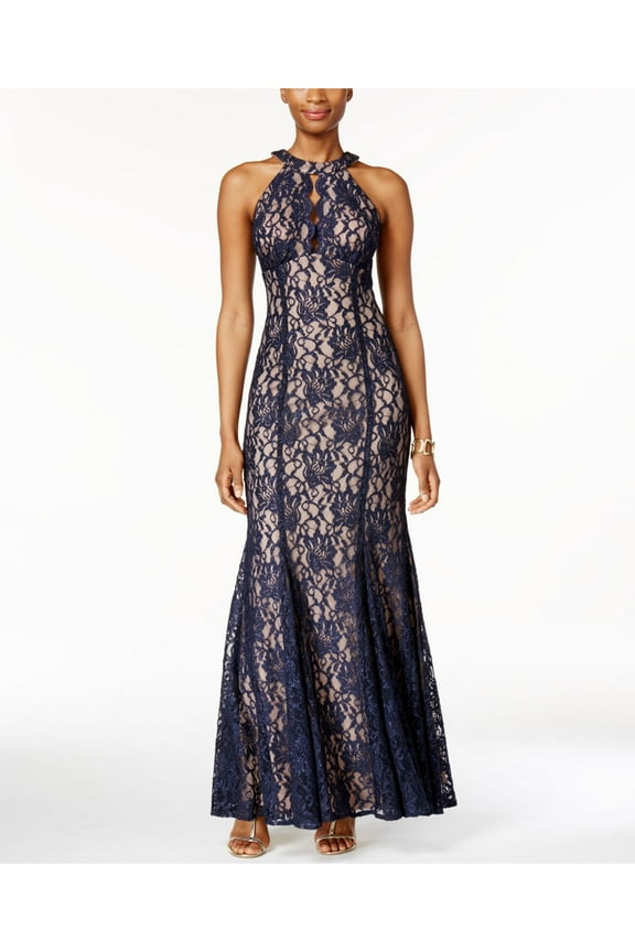 Womens Navy Lace Sleeveless Keyhole Full-Length Evening Mermaid Dress 14