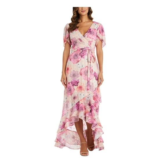 NIGHTWAY Womens Pink Ruffled Textured Self Tie Waist Sheer Lined Floral Flutter Sleeve Surplice Neckline Maxi Party Faux Wrap Dress 10