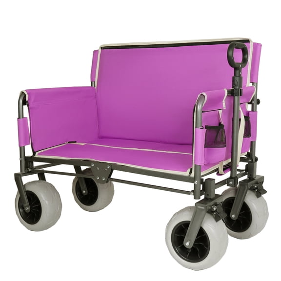 NIGSQJB 3-IN-1 Foldable Wagon Cart with Bench Seat & 9" All-Terrain Balloon Wheels, 500lbs/180L Storage Capacity Heavy-Duty Steel Utility Cart for Grocery Shopping Camping Beach Sports, Purple