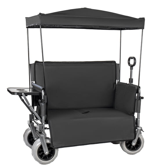 NIGSQJB 3-In-1 Folding Beach Cart w/Bench Seat,Canopy,Rear-Mounted Foldable Tabletop,9" All-Terrain Wheels, 500lbs 180L Capacity Heavy-Duty Camping Wagon for Garden Fishing Shopping, Black