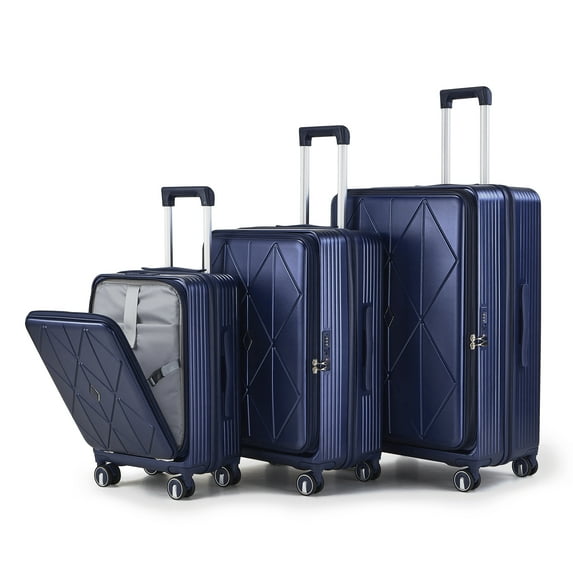 NIGSQJB 3 Piece Luggage Sets, Expandable Carry On Suitcase Set with TSA Lock & Double Wheels, Front Open Hardshell Luggage Sets with PVC Cover, PC Lightweight 20in/24in/28in Luggage, Navy Blue