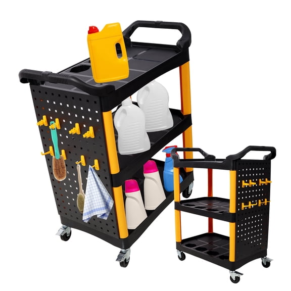 NIGSQJB 3-Tier Detailing Tools Cart with Wheels, Auto Rolling Detail Cart with Hanging Panel & Hooks, Car Wash Utility Cart for Garage, Workshop, Repair Shop, 300lbs Storage Tool Organizer,Yellow