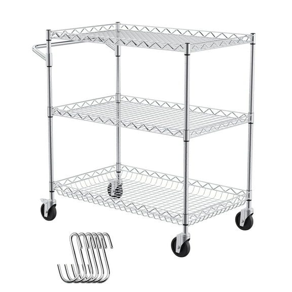 NIGSQJB 3-Tier Rolling Cart on Wheels and Brake, 661 Lbs Capacity Utility Cart with Height-Adjustable Shelves and 6 Hooks, Steel Tool Cart for Transporting, Storing