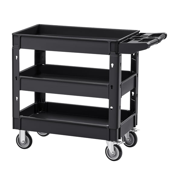 NIGSQJB 3-Tier Utility Service Cart with Lockable Swivel Wheels, 550Lbs Capacity Heavy Duty Plastic Rolling Tool Storage Cart with Ergonomic Handle, for Warehouse,Garage,Cleaning, Black