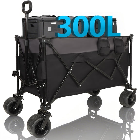 NIGSQJB 300L Extra Large Heavy-Duty Folding Wagon Cart with 7" All-Terrain Wheels, Brakes, Side Pockets & Drink Holders, 480lbs Capacity Beach Cart Shopping Cart for Camping, Sports, Garden, Black