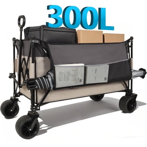 NIGSQJB 300L Extra Large Heavy-Duty Folding Wagon Cart with 7" All-Terrain Wheels, Brakes, Side Pockets & Drink Holders, 480lbs Capacity Beach Cart Shopping Cart for Camping, Sports, Garden, Khaki