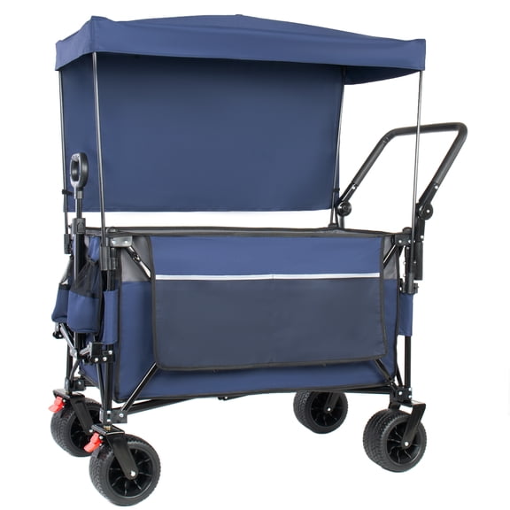 NIGSQJB 300L Push-Pull Folding Beach Cart w/Rotating Handle & Canopy, 7"All-Terrain Wheels & Brakes, 480lbs Capacity Heavy-Duty Utility Wagon Camping Cart for Transport, Grocery, Garden, Blue Gray