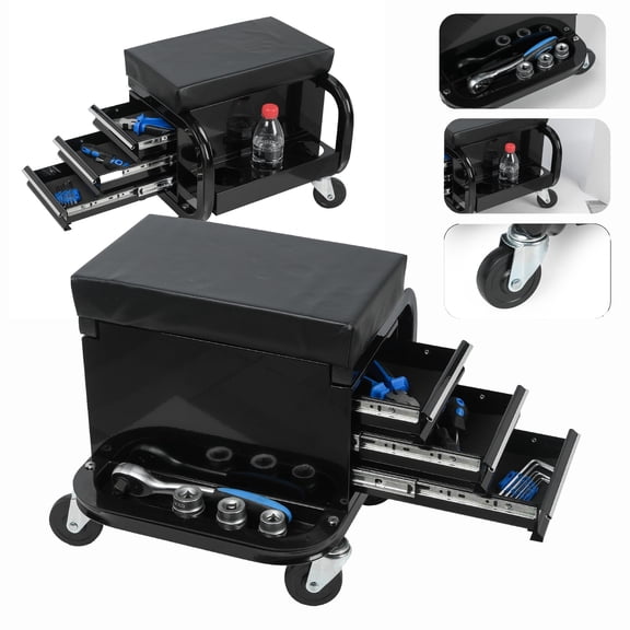 NIGSQJB 350lbs Capacity Rolling Mechanic Stool with 3 Drawers & 360 Swivel Casters, 14.44x15.74x14.44"(DxWxH) Multifunctional Heavy-Duty Steel Garage Stool for Car Repair Workshop, Black