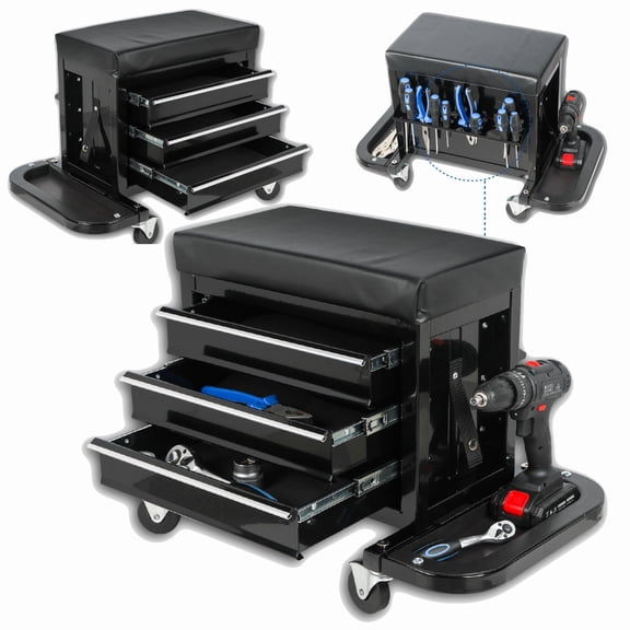 NIGSQJB 350lbs Capacity Rolling Mechanic Stool with 3 Drawers & 360 Swivel Casters, 26x14x17"(DxWxH) Multifunctional Heavy-Duty Steel Garage Stool for Car Repair Workshop, Black