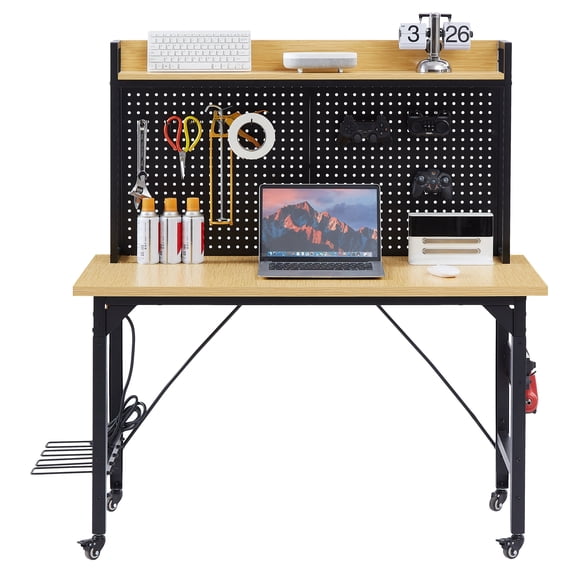 NIGSQJB 48'' Adjustable Workbench with Wheels, Heavy Duty Wooden Desktop Work Table with Pegboard, Shelf, AC/USB Outle and Hooks,1600lb Capacity Rolling Workbench for Garage, Workshop, Office, Home