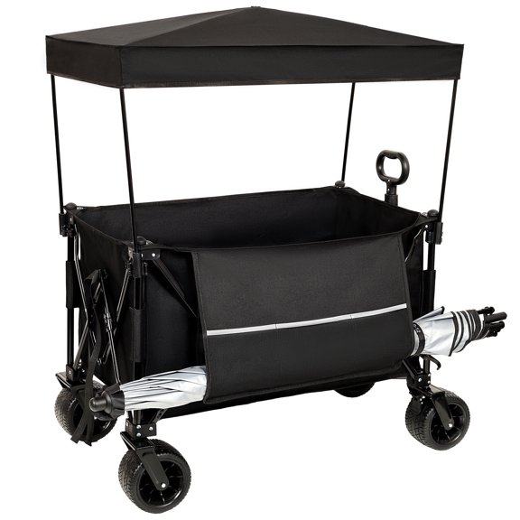 NIGSQJB 480Lbs Collapsible Wagon with 7" All-Terrain Wheels, Heavy-Duty Foldable Utility Cart with Side Pocket & Canopy & Mosquito Net, Folding Wagon for Shopping, Camping, Sports,Garden, Black