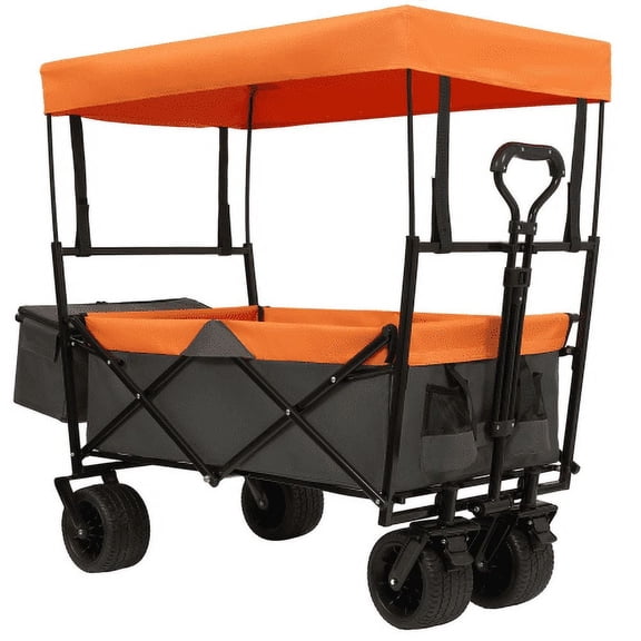 NIGSQJB 480Lbs Collapsible Wagon with 7" All-Terrain Wheels, Heavy-Duty Foldable Utility Cart with Side Pocket & Canopy & Mosquito Net, Folding Wagon for Shopping, Camping, Sports,Garden, Orange