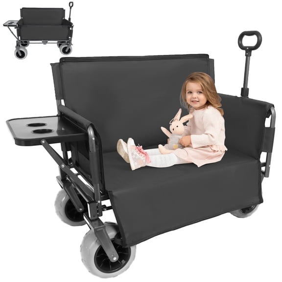 NIGSQJB 500lbs 180L Capacity Heavy-Duty Beach Cart, 3-In-1 Collapsible Wagon w/Bench Seat,Rear-Mounted Folding Tabletop,9" All-Terrain Wheels, for Camping,Shopping,Grocery,Garden,Fishing, Black