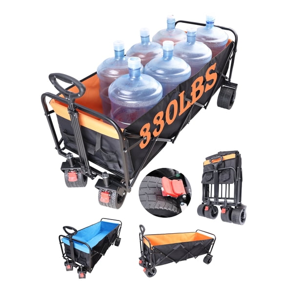 NIGSQJB 53" Folding Wagon Cart, Big Large Capacity Extra Long Extender Wagon Cart, Heavy Duty Utility Cart Utility Wagon Grocery Cart for Garden Shopping Beach Camping Sports, Black Orange