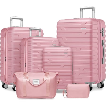 NIGSQJB 6 Pcs Luggage Sets, ABS Hardshell Suitcase with TSA Lock, Dual Spinner Wheels, 18/20/24/28in Expandable Carry On Luggages w/ Travel Bag & Toiletry Bag for Travel, Business, School, Pink