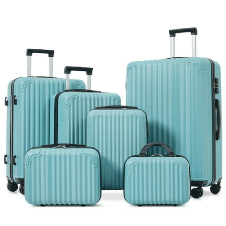 NIGSQJB 6-Piece Luggage Set, Durable Hardshell ABS Suitcase with Spinner Wheels, TSA Lock, Side Hooks, Lightweight Carry-On & Checked Luggage for Adult Travel, Business, Ice Blue