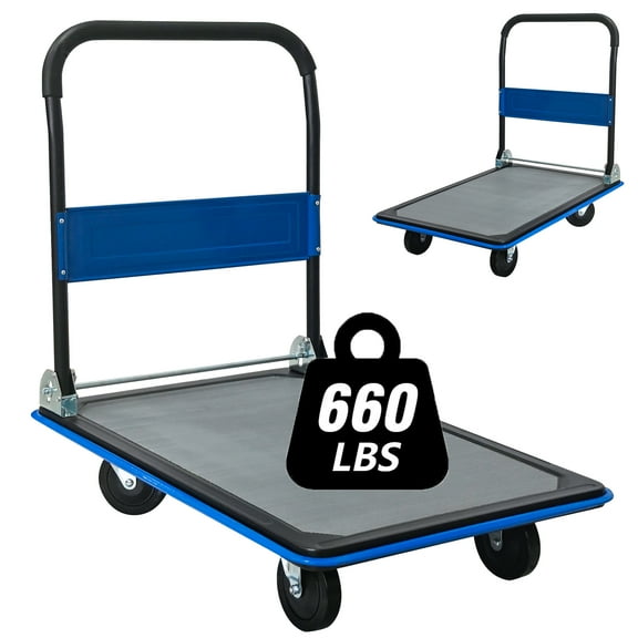 NIGSQJB 660lbs Capacity Flatbed Cart, Heavy-Duty Foldable Platform Hand Truck with 360° Swivel Wheels, Space Saving, Easy Storage, Push Hand Cart for Warehouse, Camping, Garden, Blue