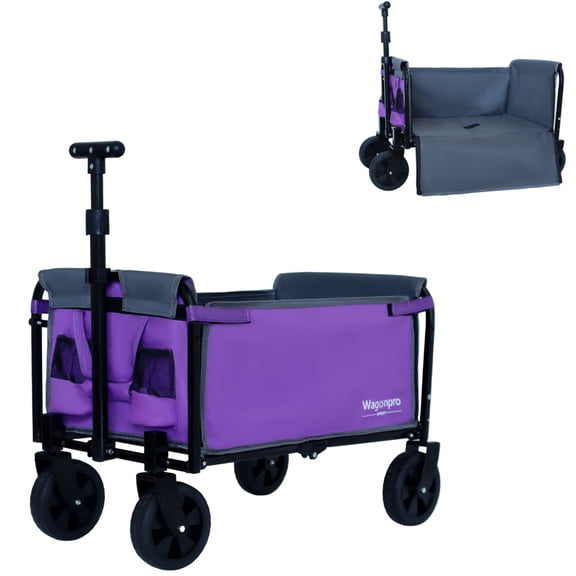 NIGSQJB All-In-One Collapsible Wagon Cart with 360° All-Terrain Wheels & Bench Seat & Dog Tether, 360lbs Capacity Heavy-Duty Utility Beach Cart Shopping Cart for Camping, Grocery, Sports, Purple
