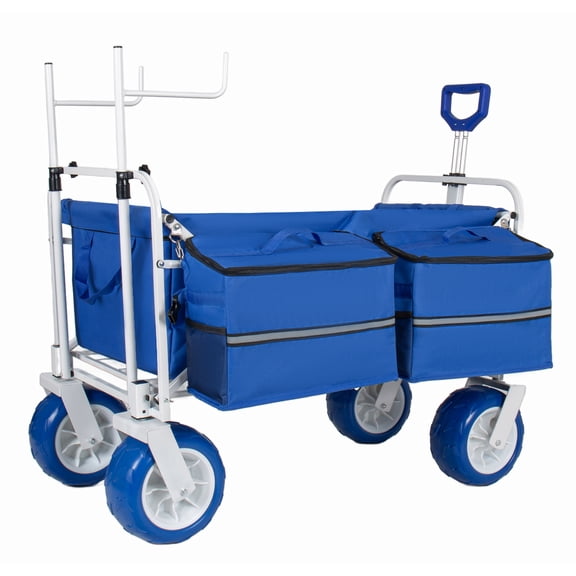 NIGSQJB Collapsible Beach Wagon Cart with Chair Racks,9" All-Terrain Wheels, Adjustable Handle,Cooler &Storage Bags, 500lb Heavy Duty Steel Utility Cart for Fishing,Camping,Garden,Sports, Blue