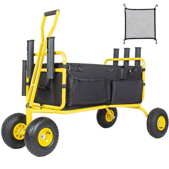 NIGSQJB Collapsible Fishing Cart with 10'' All-Terrain Wheels, 6 Rod & Umbrella Holders, Storage Pocket, 550lb Capacity Heavy Duty Steel Beach Cart Garden Wagon for Shopping, Camping,Yellow+Black