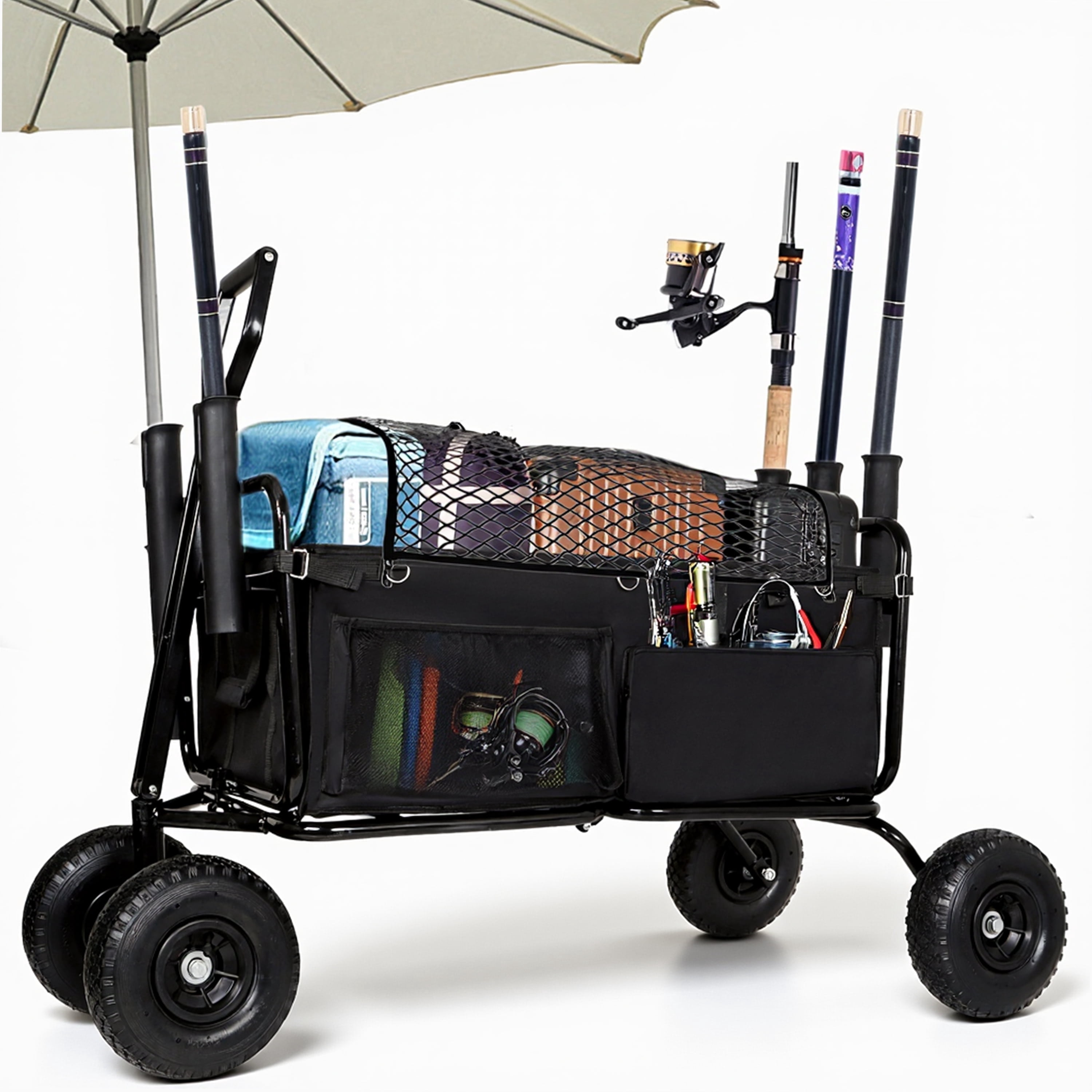 NIGSQJB Collapsible Fishing Cart w/11'' All-Terrain Wheels,Rod Holders ...