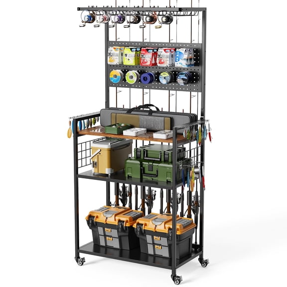 NIGSQJB Fishing Rod Storage Rack with Pegboard, Rolling Tackle Organizer Cart, Multi-Tier Fishing Gear Stand for Rods, Reels, Tackle Boxes & Bags, Heavy Duty Metal Holders with Lockable Wheels