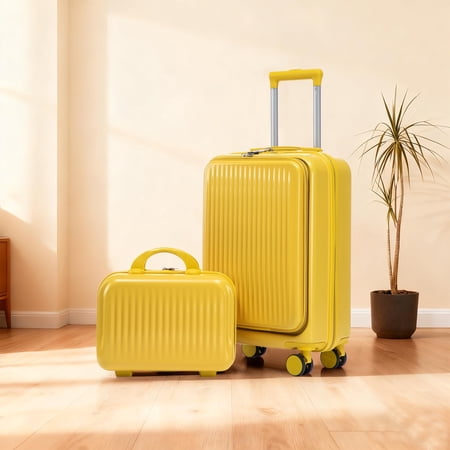 NIGSQJB Front Opening Design Luggage Sets 2 Piece, ABS Hardshell Luggage w/ Spinner Wheels & Combination Lock, 20" Lightweight Carry On Suitcase & 14" Cosmetic Case for Business Travel School,Yellow