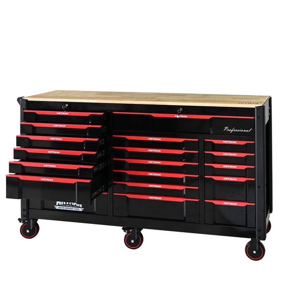 NIGSQJB Large Rolling Tool Chest with 19 Drawers, Heavy Duty Steel Tool Storage Cabinet with 65" Wooden Workbench Top, Mobile Tool Box Organizer Tool Cart for Laboratory, Workshop, Automobile Repair