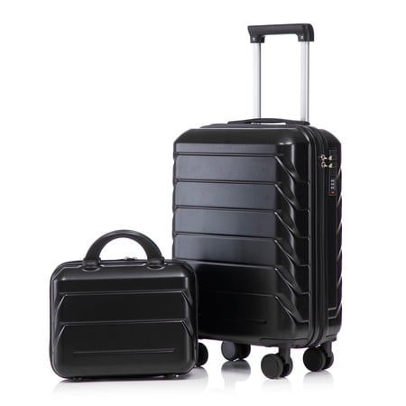 NIGSQJB Luggage Sets 2 Piece, ABS Hard Shell Suitcases with Combination Lock & Silent Spinner Wheels, 20" Lightweight Carry On Luggages and 14" Cosmetic Case for School Travel Business, Black