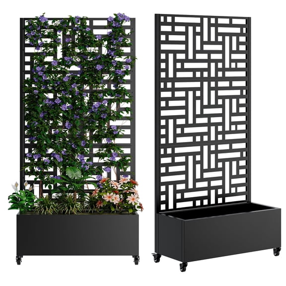 NIGSQJB Metal Planter Box with Trellis, Planter Raised Beds w/ 4 Wheels & Drainage Holes, 73.21" Garden Planter with Trellis & Privacy Screen for Climbing Plants,Vegetables,Vines, Style C