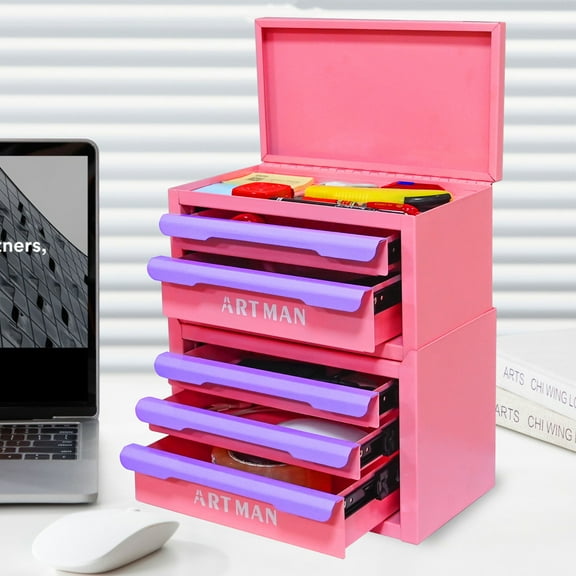 NIGSQJB Mini Tool Box with 5 Drawers, Small Tool Storage Cabinet, Makeup Orginaztion, Office Desktop Toolbox, Workstation Tool Chest, Craft Storage, Pink
