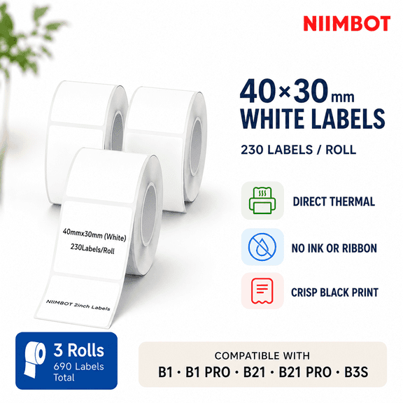 NIIMBOT B Series White Direct Thermal Labels, 40 x 30 mm, 3 Rolls, Waterproof Labels for Bottles and Jars