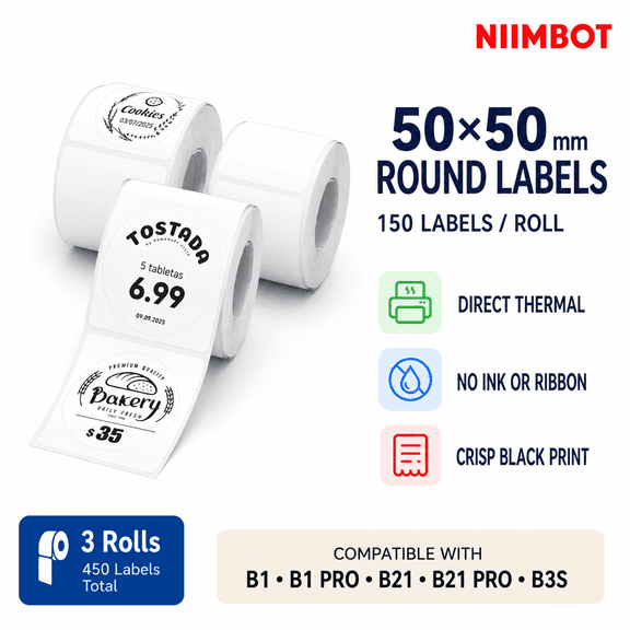 NIIMBOT B Series Round White Direct Thermal Labels, 50 mm, 3 Rolls, 450 Labels for Jars, Packaging and Logos