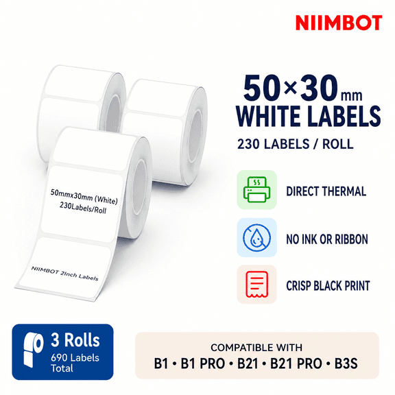 NIIMBOT B Series White Direct Thermal Labels, 50 x 30 mm, 3 Rolls, 690 Labels for Jars, Storage and Barcodes