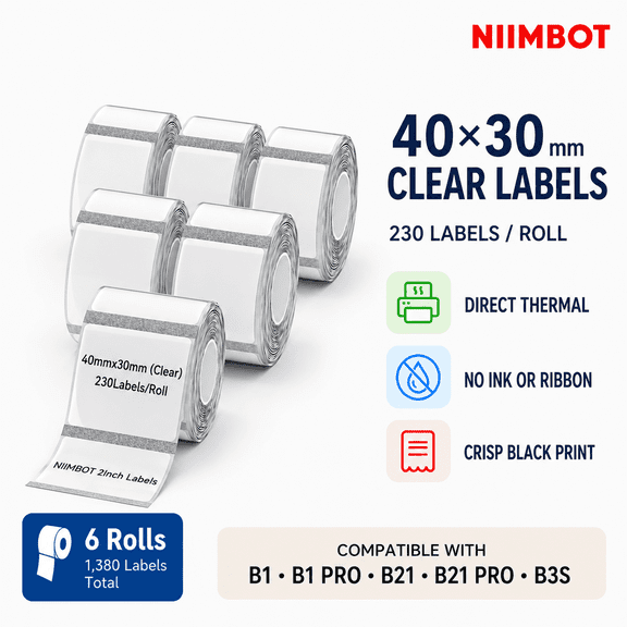 NIIMBOT B1/B1 Pro/B21 Clear Direct Thermal Labels, 40 x 30 mm, 6 Rolls, 1380 Transparent Self-Adhesive Labels for Cosmetics, Containers and Storage