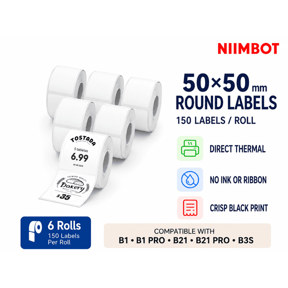 NIIMBOT B1/B1 Pro/B21 Round White Direct Thermal Labels, 50 x 50 mm, 6 Rolls, 900 Circle Stickers for Bakery, Jars, Product Labels and Home Organization