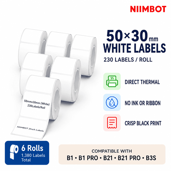 NIIMBOT B1/B1 Pro/B21 White Direct Thermal Labels, 50 x 30 mm, 6 Rolls, 1380 Self-Adhesive Labels for Jars, Pantry, Storage and Product Labeling