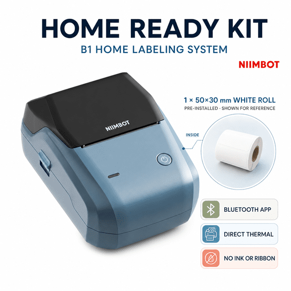 NIIMBOT B1 Bluetooth Thermal Label Maker, 203 DPI Portable Sticker Printer for Pantry, Jars, Storage Bins & Home Organization, Lake Blue, Home Ready Kit, 1 Label Roll