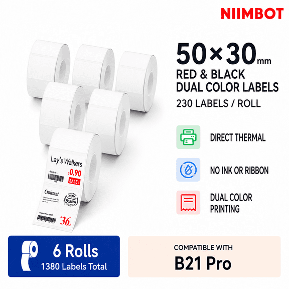 NIIMBOT B1 Pro/B21 Pro Red and Black Direct Thermal Labels, 50 x 30 mm, 6 Rolls, 1380 Self-Adhesive Labels for Price Marking, Retail and Inventory Organization