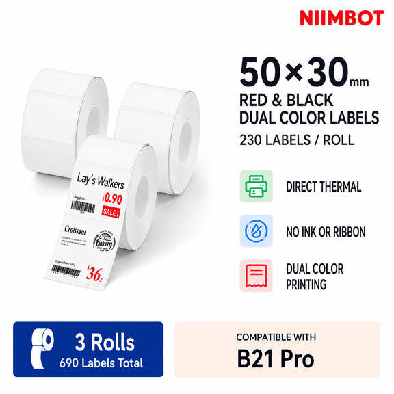 NIIMBOT B1 Pro/B21 Pro Red and Black Direct Thermal Labels, 50 x 30 mm, 3 Rolls, 690 Warning and Price Labels