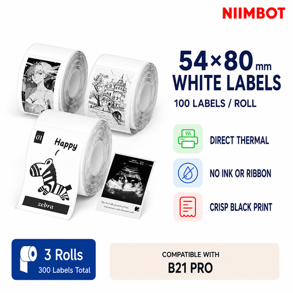 NIIMBOT B21 Pro Large White Direct Thermal Labels, 54 x 80 mm, 3 Rolls, 300 Packaging and Barcode Labels