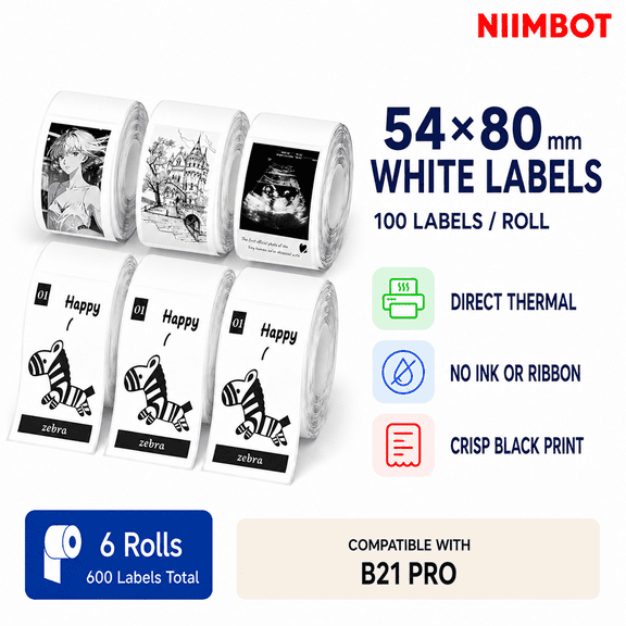 NIIMBOT B21 Pro White Direct Thermal Labels, 54 x 80 mm, 6 Rolls, 600 Self-Adhesive Labels for Product Packaging, Crafts, Gifts and Small Business Branding
