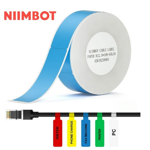 NIIMBOT Cable Label Maker Tape (0.49" x 4.29") Printer Sticker Paper with Self-Adhesive for D11/D110/D101/H1/H1S,1 Roll of 65 (Blue)