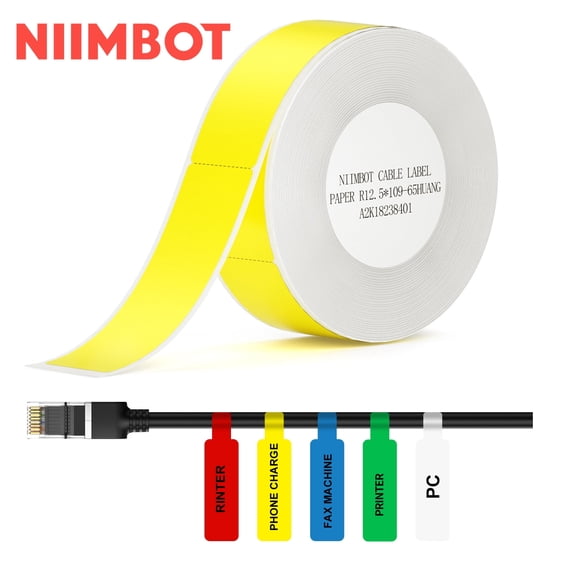 NIIMBOT Cable Label Maker Tape (0.49" x 4.29") Printer Sticker Paper with Self-Adhesive for D11/D110/D101/H1/H1S,1 Roll of 65 (Yellow)