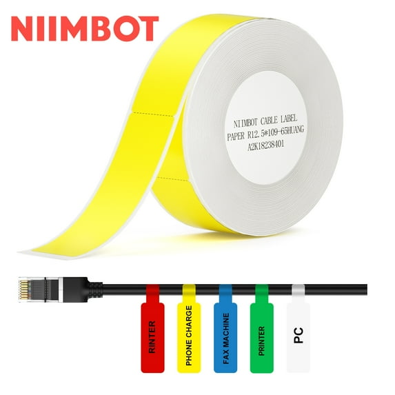 NIIMBOT Cable Label Maker Tape (0.49" x 4.29") Printer Sticker Paper with Self-Adhesive for D11/D110/D101/H1/H1S,1 Roll of 65 (Yellow)