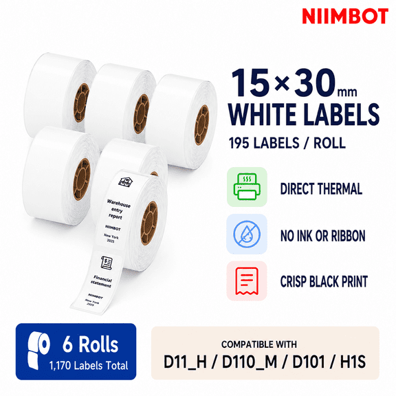 NIIMBOT D11/D110/D110M White Direct Thermal Labels, 15 x 30 mm, 6 Rolls, 1170 Self-Adhesive Labels for Storage, Jars, Price Tags and Organization
